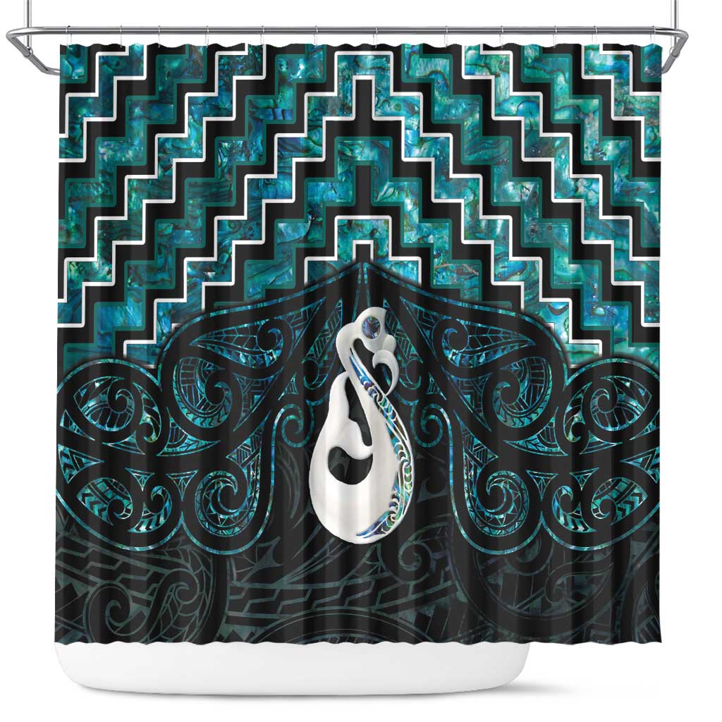 New Zealand Maori Shower Curtain Poutama Manaia Turquoise Paua Shell LT05 Turquoise - Polynesian Pride