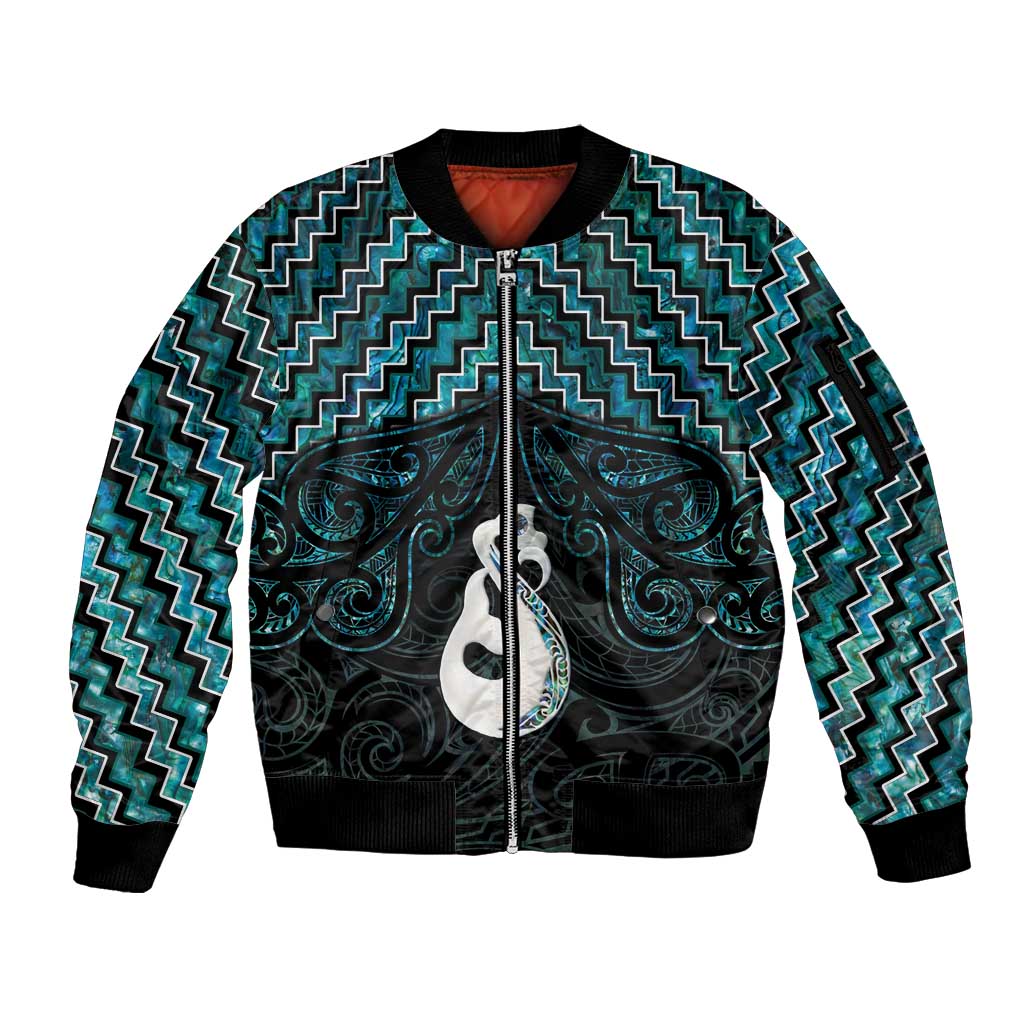 New Zealand Maori Sleeve Zip Bomber Jacket Poutama Manaia Turquoise Paua Shell LT05 Unisex Turquoise - Polynesian Pride