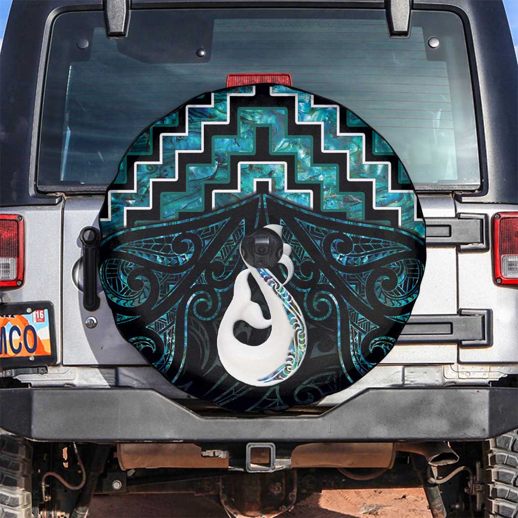 New Zealand Maori Spare Tire Cover Poutama Manaia Turquoise Paua Shell