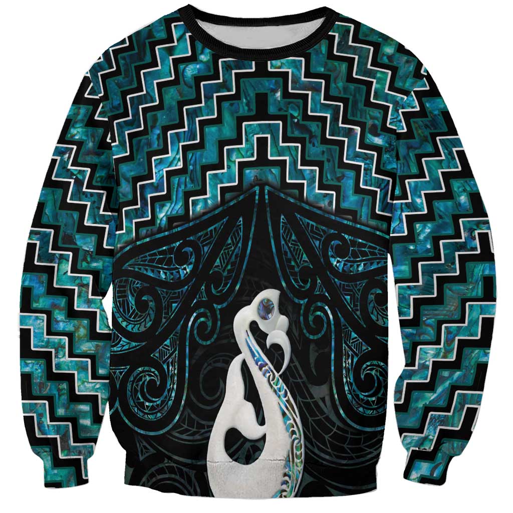 New Zealand Maori Sweatshirt Poutama Manaia Turquoise Paua Shell LT05 Unisex Turquoise - Polynesian Pride