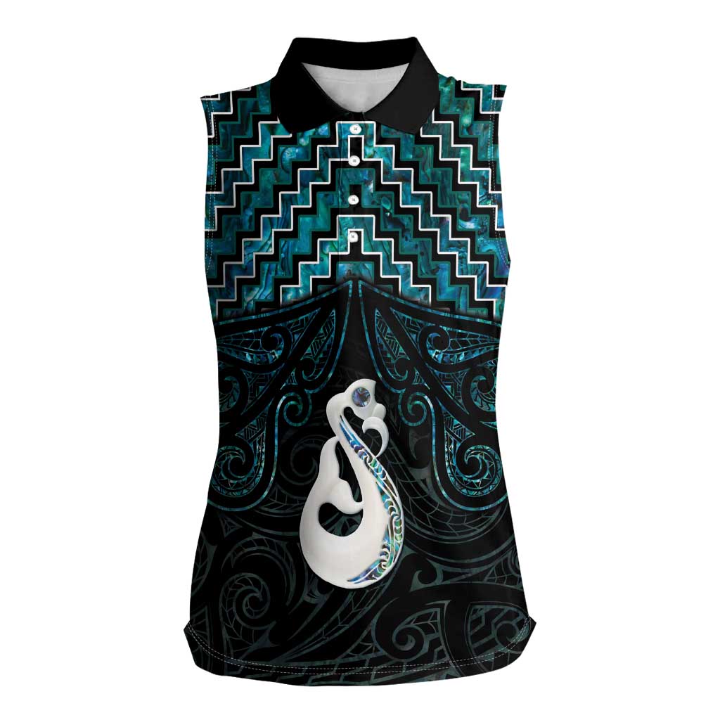 New Zealand Maori Women Sleeveless Polo Shirt Poutama Manaia Turquoise Paua Shell