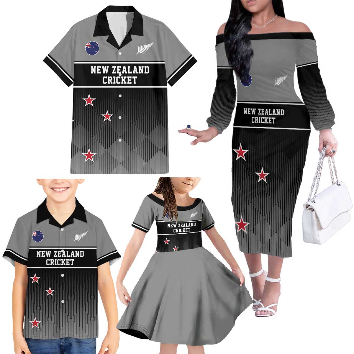 Custom New Zealand Cricket Family Matching Off The Shoulder Long Sleeve Dress and Hawaiian Shirt Black Cap Unbeatable