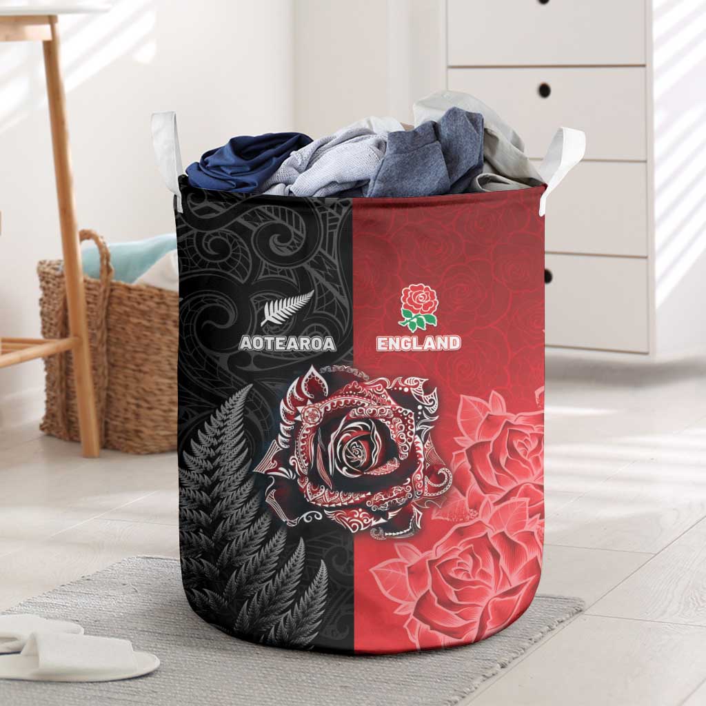 New Zealand And England Rugby Laundry Basket Red Rose Mix Maori Pattern LT05 Black - Polynesian Pride
