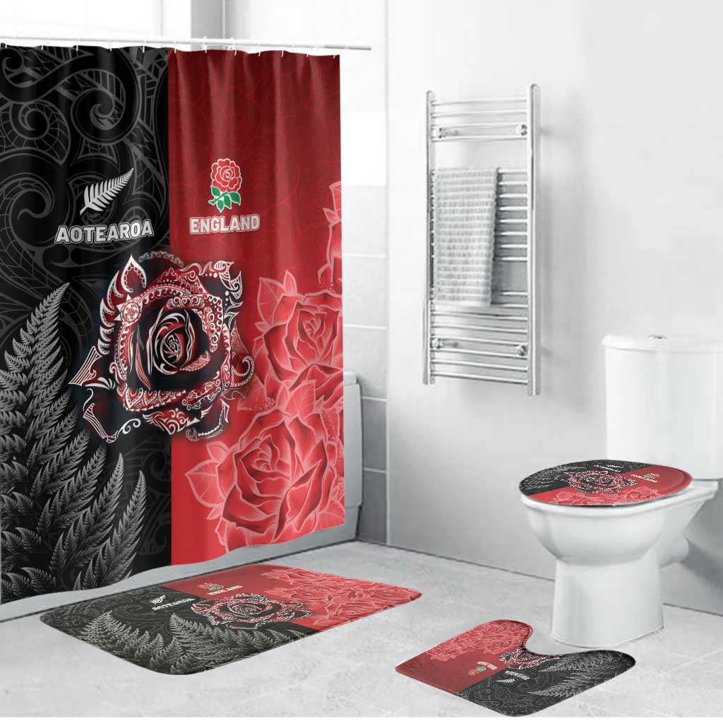 New Zealand And England Rugby Bathroom Set Red Rose Mix Maori Pattern LT05 Bathroom Set (4 pcs) Black - Polynesian Pride