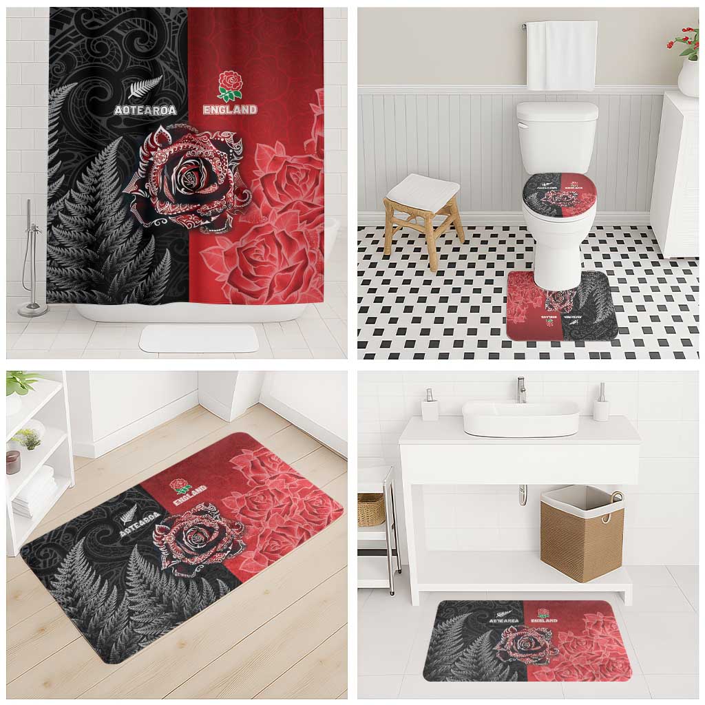 New Zealand And England Rugby Bathroom Set Red Rose Mix Maori Pattern LT05 - Polynesian Pride