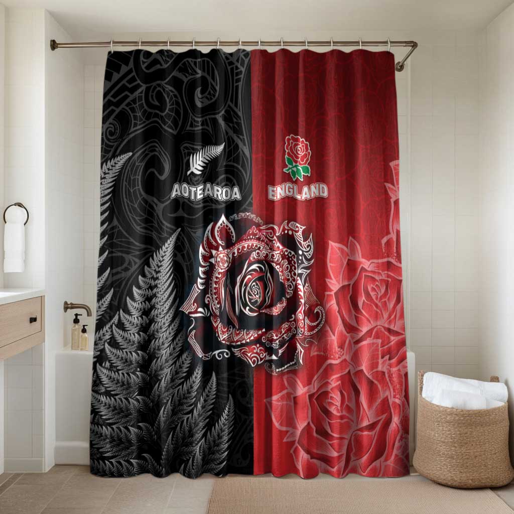 New Zealand And England Rugby Bathroom Set Red Rose Mix Maori Pattern LT05 Shower Curtain Only Black - Polynesian Pride