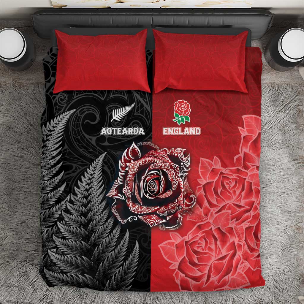 New Zealand And England Rugby Bedding Set Red Rose Mix Maori Pattern LT05 Black - Polynesian Pride