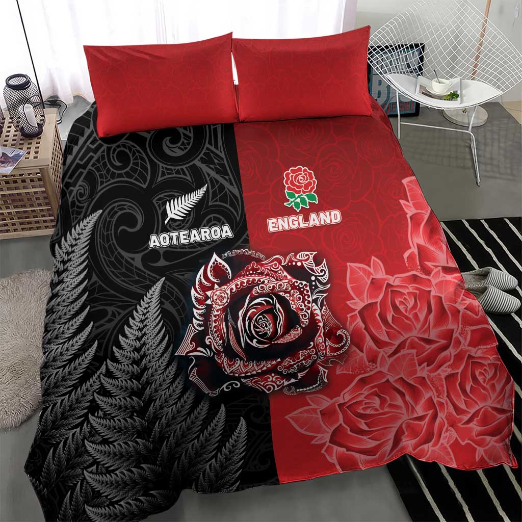 New Zealand And England Rugby Bedding Set Red Rose Mix Maori Pattern LT05 - Polynesian Pride