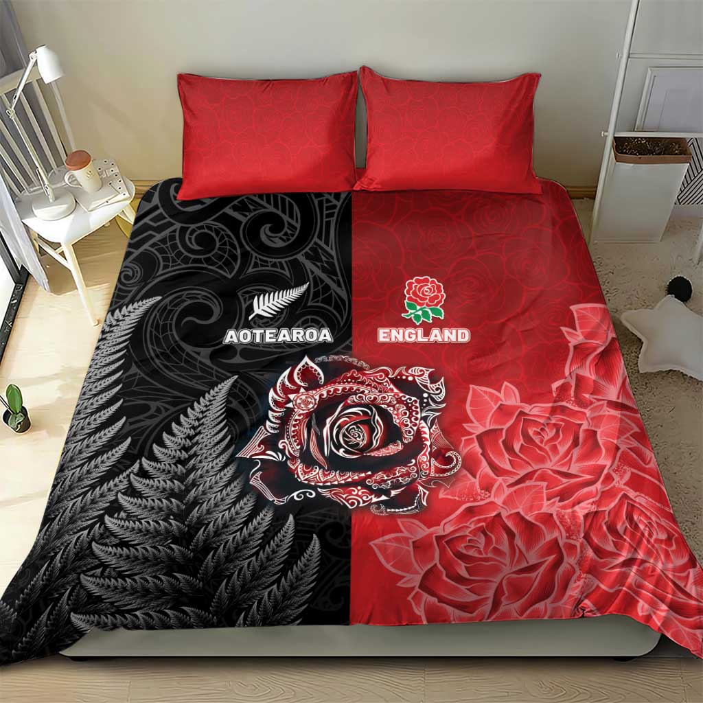New Zealand And England Rugby Bedding Set Red Rose Mix Maori Pattern LT05 - Polynesian Pride