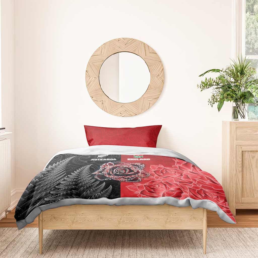 New Zealand And England Rugby Bedding Set Red Rose Mix Maori Pattern LT05 - Polynesian Pride
