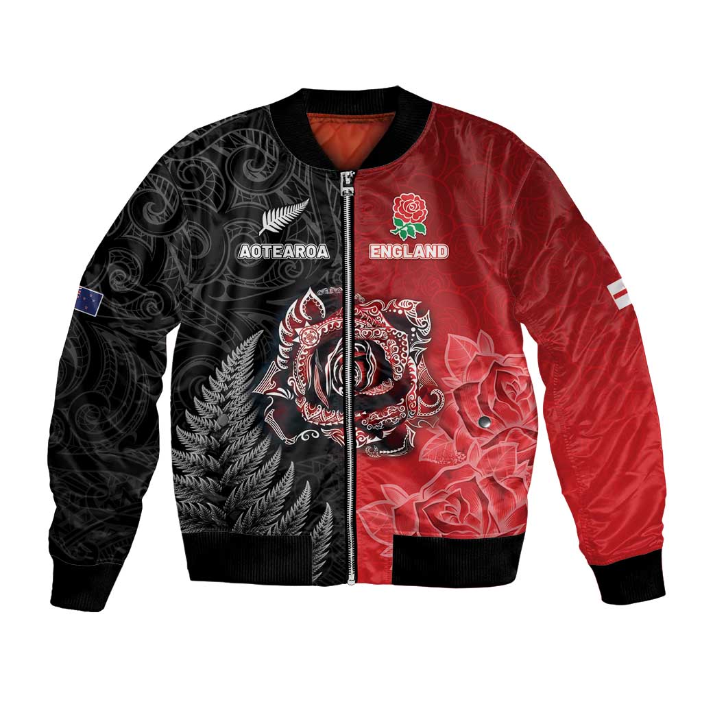New Zealand And England Rugby Custom Bomber Jacket Red Rose Mix Maori Pattern LT05 Unisex Black - Polynesian Pride