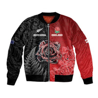 New Zealand And England Rugby Custom Bomber Jacket Red Rose Mix Maori Pattern LT05 Unisex Black - Polynesian Pride