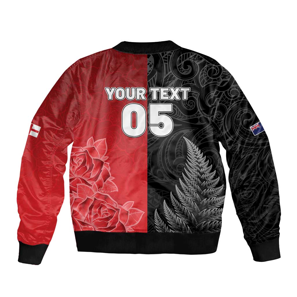 New Zealand And England Rugby Custom Bomber Jacket Red Rose Mix Maori Pattern LT05 - Polynesian Pride