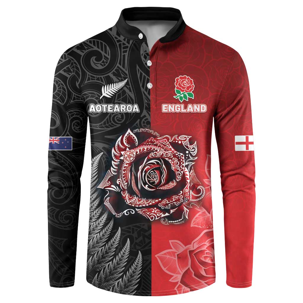 New Zealand And England Rugby Custom Button Sweatshirt Red Rose Mix Maori Pattern LT05 Black - Polynesian Pride