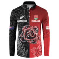New Zealand And England Rugby Custom Button Sweatshirt Red Rose Mix Maori Pattern LT05 Black - Polynesian Pride