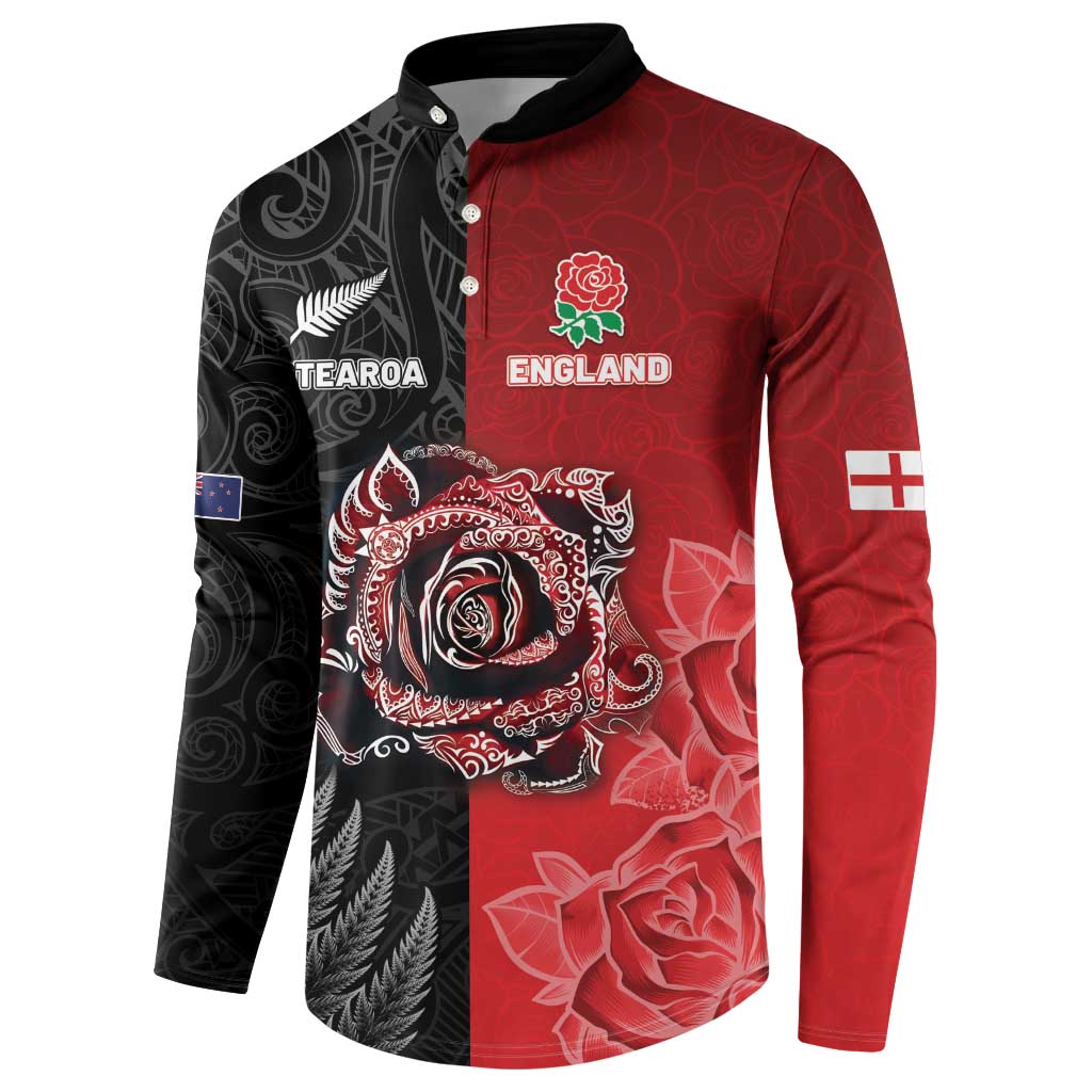 New Zealand And England Rugby Custom Button Sweatshirt Red Rose Mix Maori Pattern LT05 - Polynesian Pride