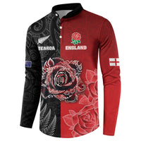 New Zealand And England Rugby Custom Button Sweatshirt Red Rose Mix Maori Pattern LT05 - Polynesian Pride