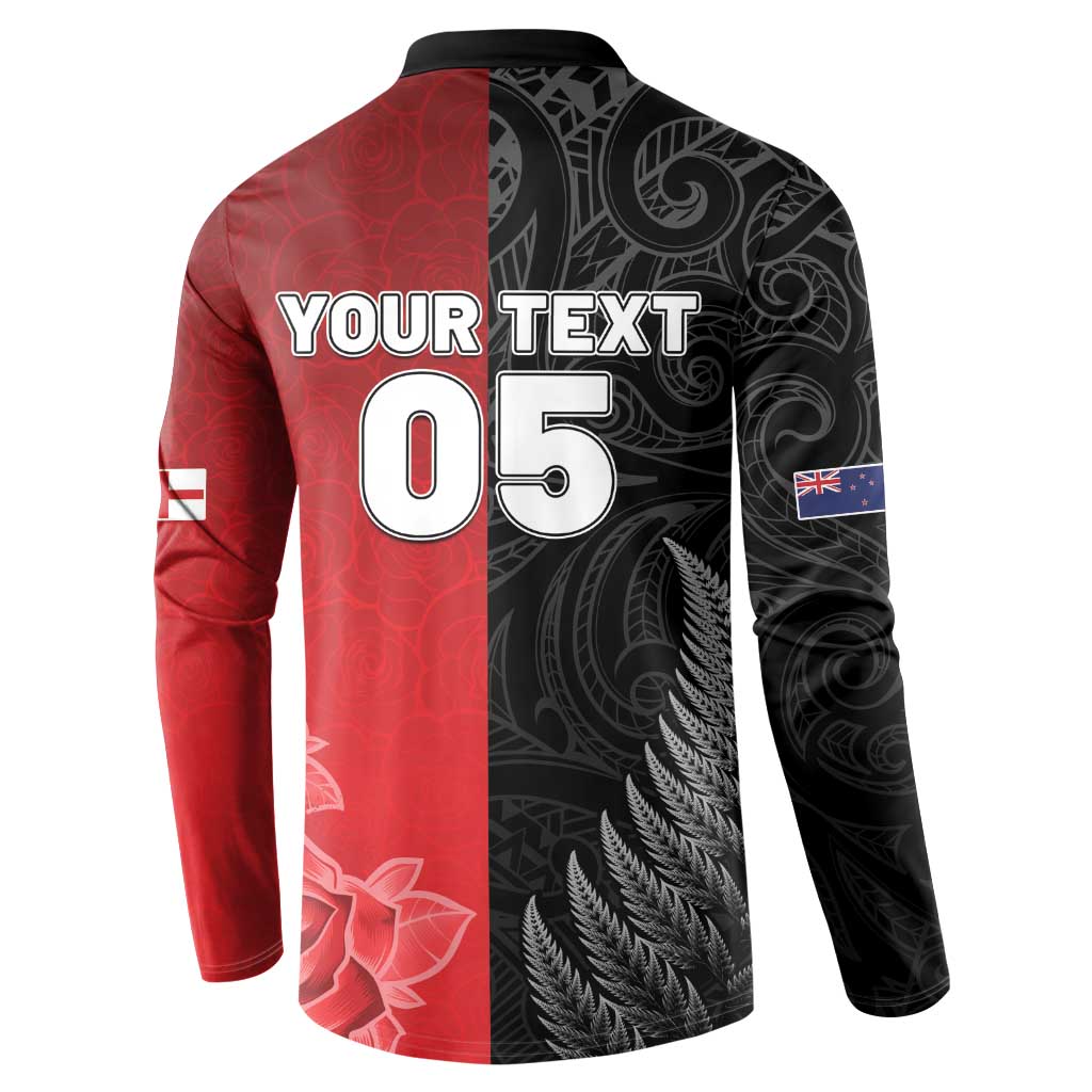 New Zealand And England Rugby Custom Button Sweatshirt Red Rose Mix Maori Pattern LT05 - Polynesian Pride