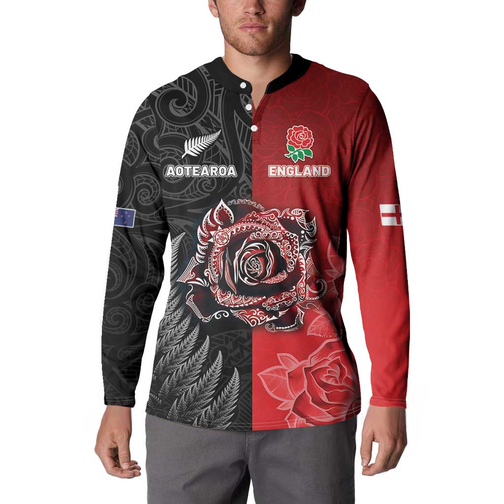 New Zealand And England Rugby Custom Button Sweatshirt Red Rose Mix Maori Pattern LT05 - Polynesian Pride