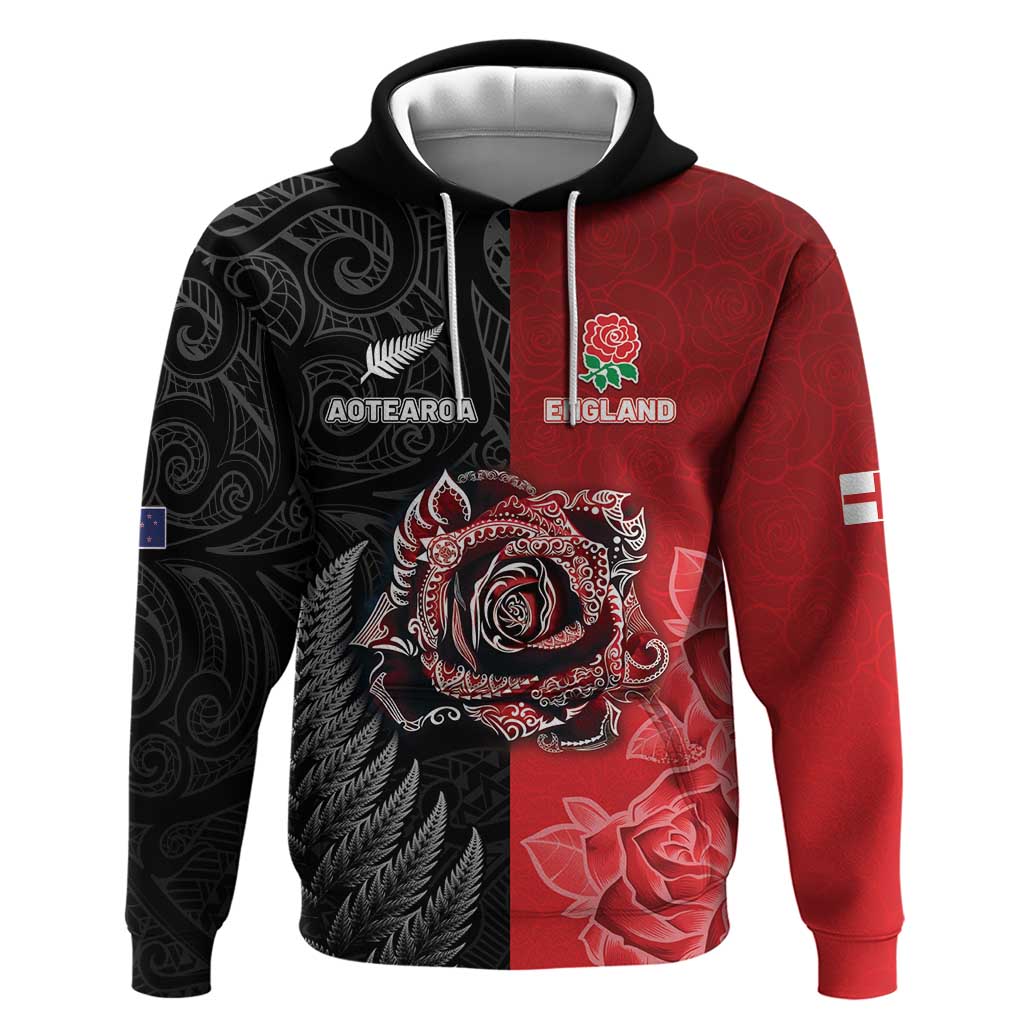 New Zealand And England Rugby Custom Hoodie Red Rose Mix Maori Pattern LT05 Pullover Hoodie Black - Polynesian Pride