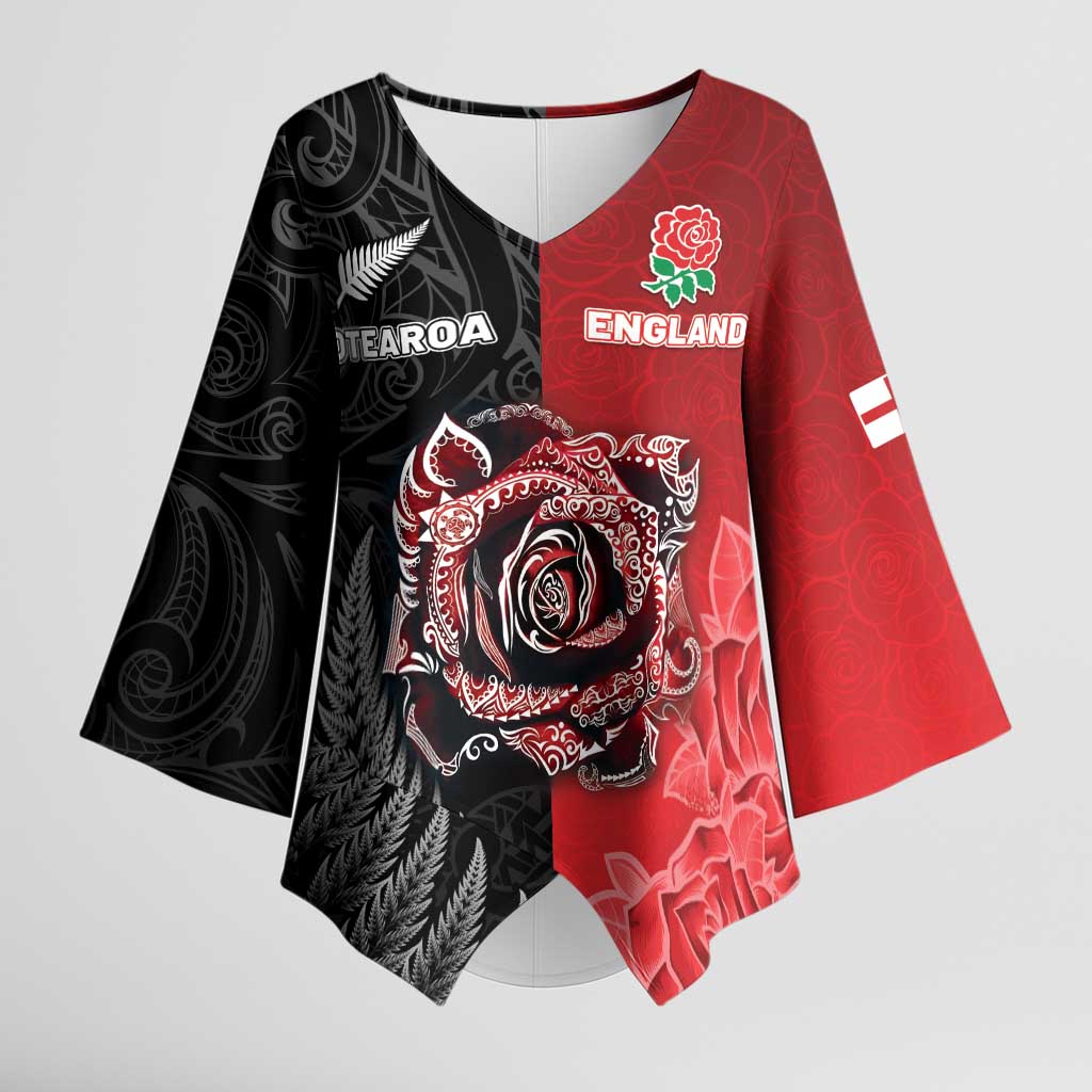 New Zealand And England Rugby Custom Kimono Sleeve Blouse Red Rose Mix Maori Pattern LT05 Female Black - Polynesian Pride