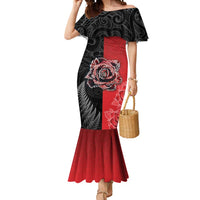 New Zealand And England Rugby Custom Mermaid Dress Red Rose Mix Maori Pattern LT05 Women Black - Polynesian Pride