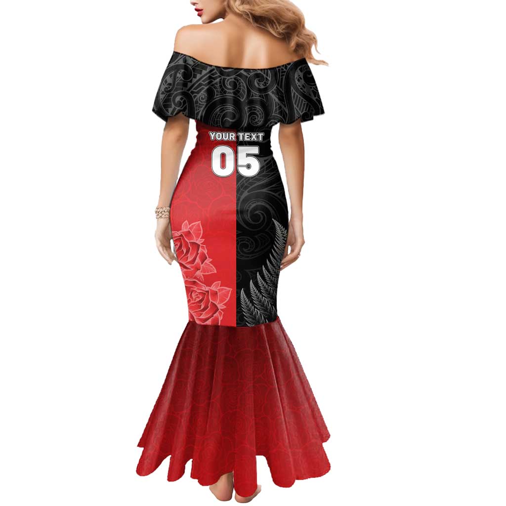 New Zealand And England Rugby Custom Mermaid Dress Red Rose Mix Maori Pattern LT05 - Polynesian Pride