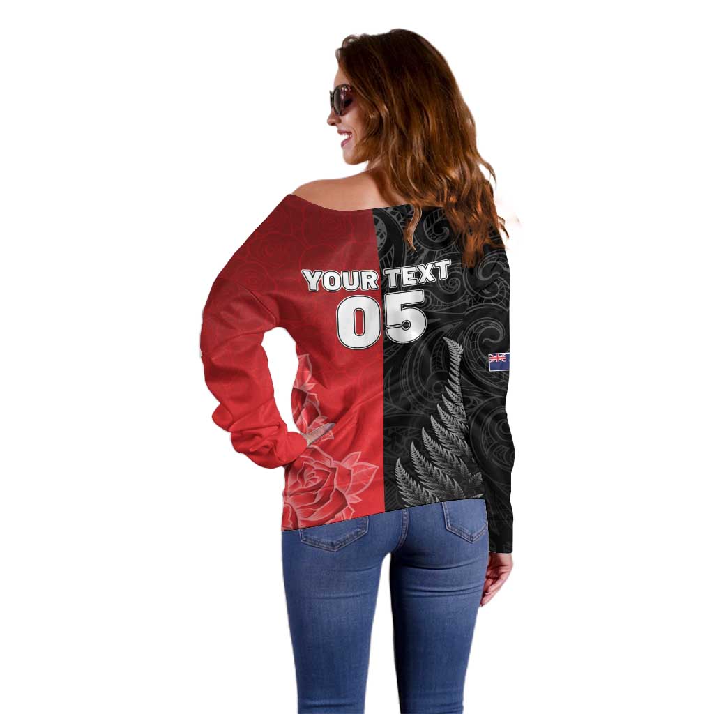 New Zealand And England Rugby Custom Off Shoulder Sweater Red Rose Mix Maori Pattern LT05 - Polynesian Pride