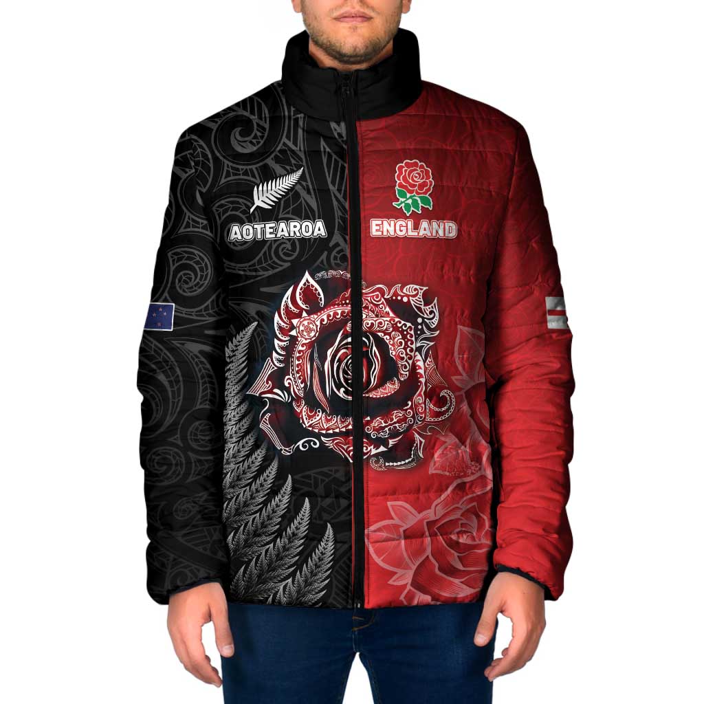 New Zealand And England Rugby Custom Padded Jacket Red Rose Mix Maori Pattern LT05 Men Black - Polynesian Pride