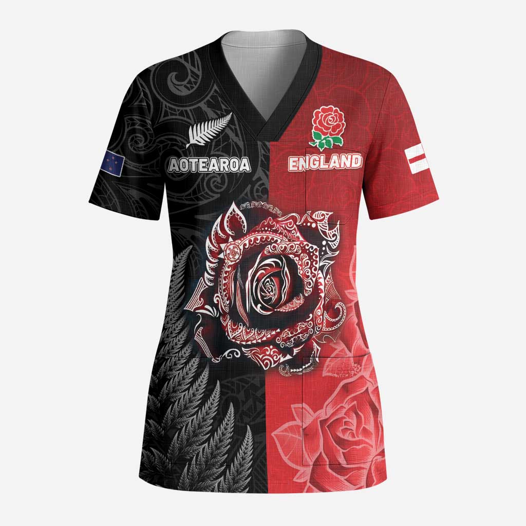 New Zealand And England Rugby Custom Scrub Top Red Rose Mix Maori Pattern LT05 Adult Black - Polynesian Pride