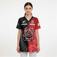 New Zealand And England Rugby Custom Scrub Top Red Rose Mix Maori Pattern LT05 - Polynesian Pride