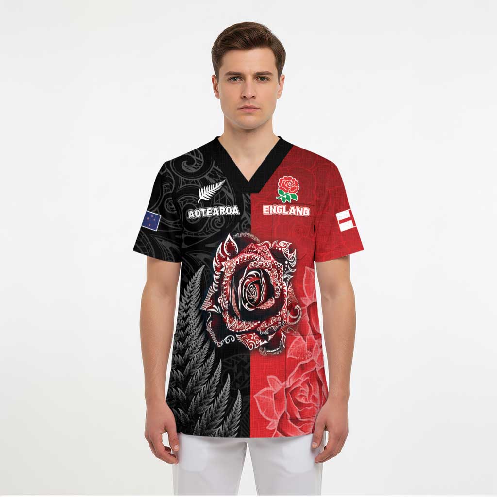 New Zealand And England Rugby Custom Scrub Top Red Rose Mix Maori Pattern LT05 - Polynesian Pride