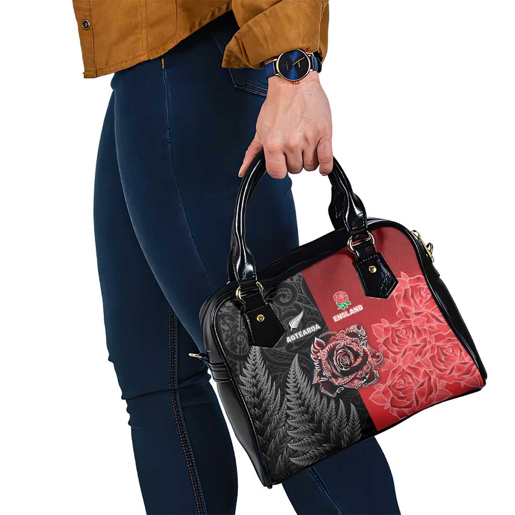 New Zealand And England Rugby Shoulder Handbag Red Rose Mix Maori Pattern LT05 - Polynesian Pride