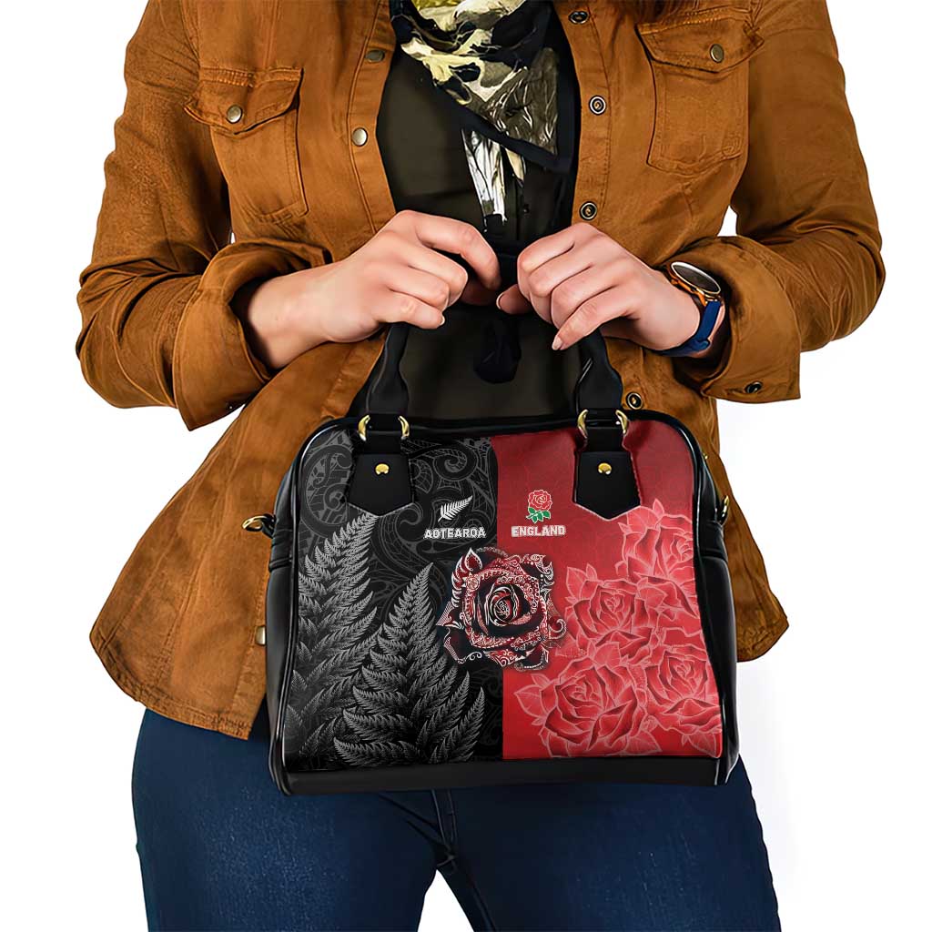 New Zealand And England Rugby Shoulder Handbag Red Rose Mix Maori Pattern LT05 - Polynesian Pride