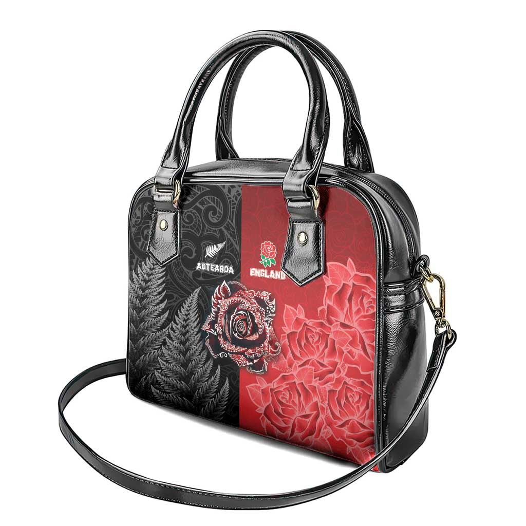 New Zealand And England Rugby Shoulder Handbag Red Rose Mix Maori Pattern LT05 - Polynesian Pride