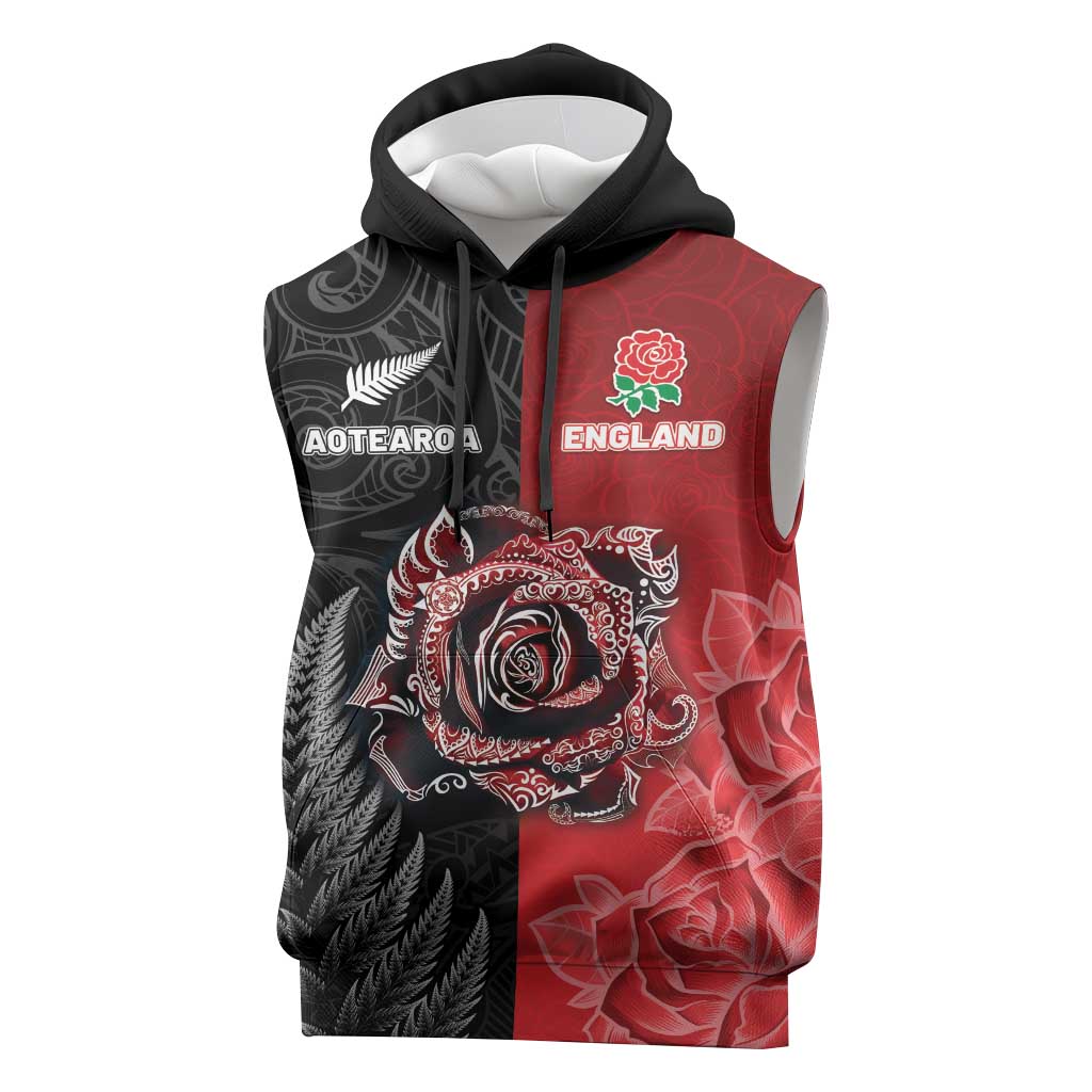 New Zealand And England Rugby Custom Sleeveless Hoodie Red Rose Mix Maori Pattern LT05 Black - Polynesian Pride
