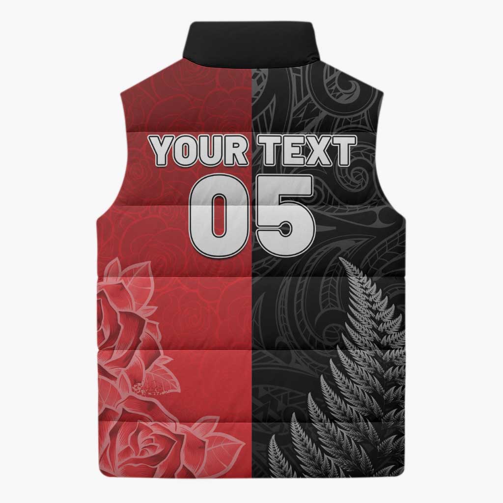 New Zealand And England Rugby Custom Sleeveless Puffer Jacket Red Rose Mix Maori Pattern LT05 - Polynesian Pride