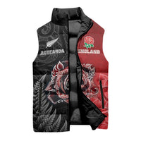 New Zealand And England Rugby Custom Sleeveless Puffer Jacket Red Rose Mix Maori Pattern LT05 - Polynesian Pride