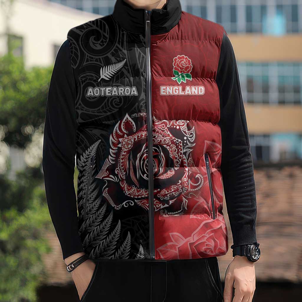 New Zealand And England Rugby Custom Sleeveless Puffer Jacket Red Rose Mix Maori Pattern LT05 - Polynesian Pride