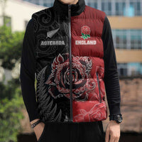 New Zealand And England Rugby Custom Sleeveless Puffer Jacket Red Rose Mix Maori Pattern LT05 - Polynesian Pride
