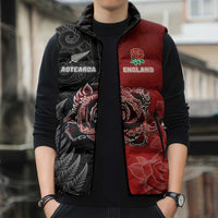 New Zealand And England Rugby Custom Sleeveless Puffer Jacket Red Rose Mix Maori Pattern LT05 - Polynesian Pride