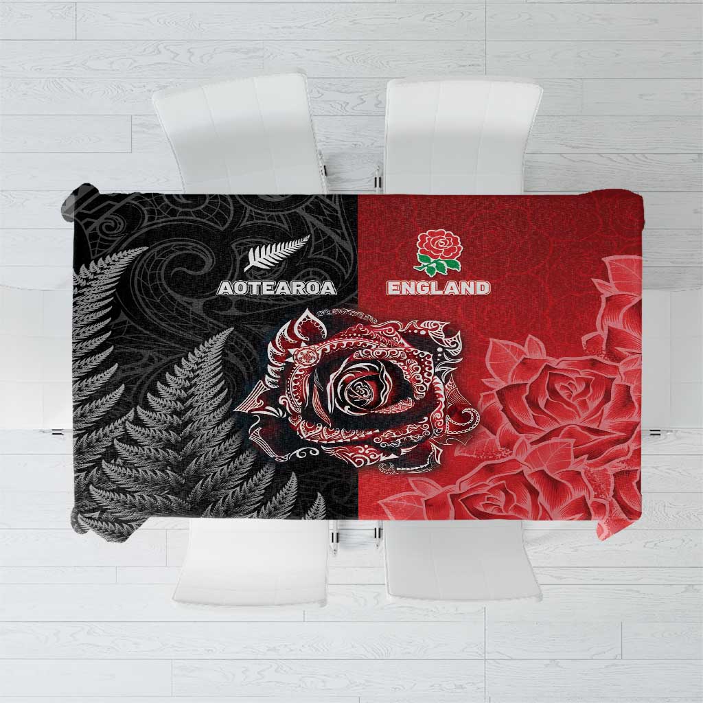 New Zealand And England Rugby Tablecloth Red Rose Mix Maori Pattern LT05 Black - Polynesian Pride