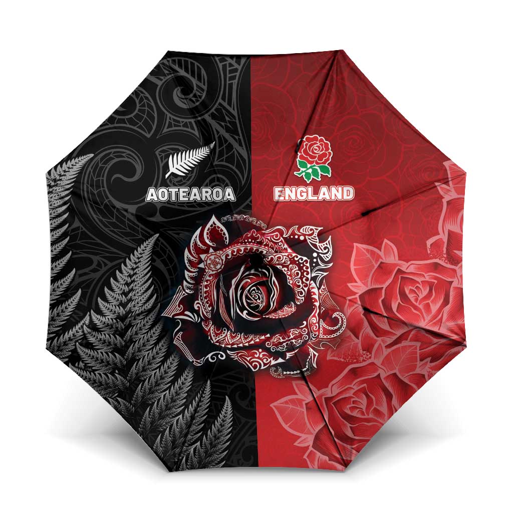 New Zealand And England Rugby Umbrella Red Rose Mix Maori Pattern LT05 One Size Folded 11.42 inch Opened Diameter 37.4 inch Black - Polynesian Pride