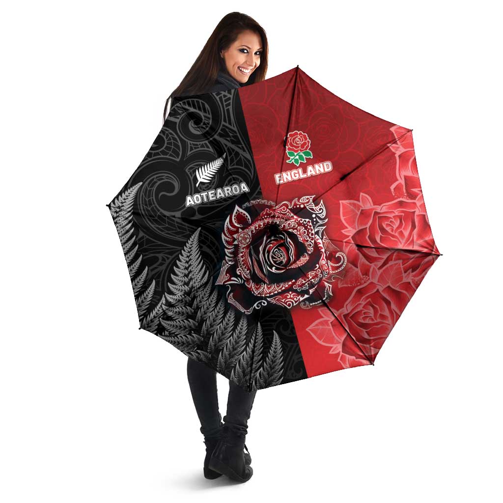 New Zealand And England Rugby Umbrella Red Rose Mix Maori Pattern LT05 - Polynesian Pride