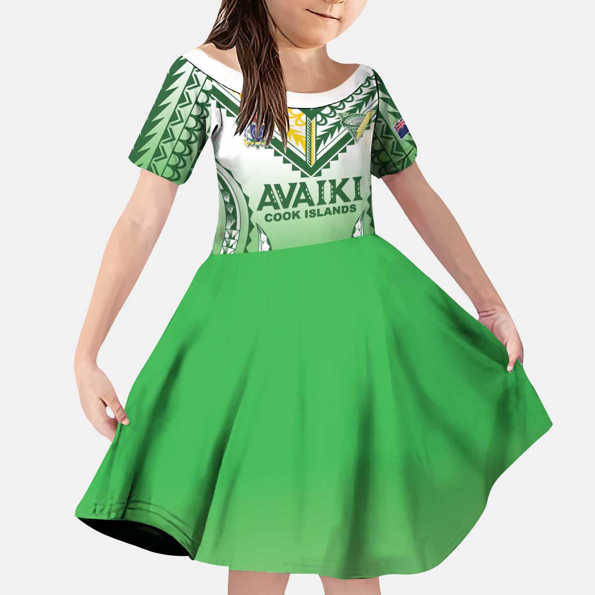 Custom Cook Islands Avaiki Rugby Kid Short Sleeve Dress Go Champions LT05 KID Green - Polynesian Pride