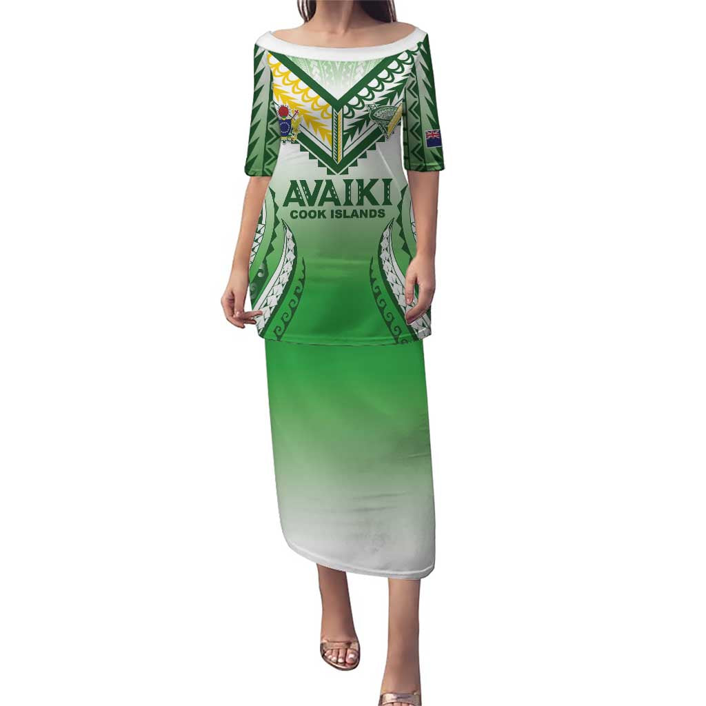 Custom Cook Islands Avaiki Rugby Puletasi Go Champions LT05 Long Dress Green - Polynesian Pride