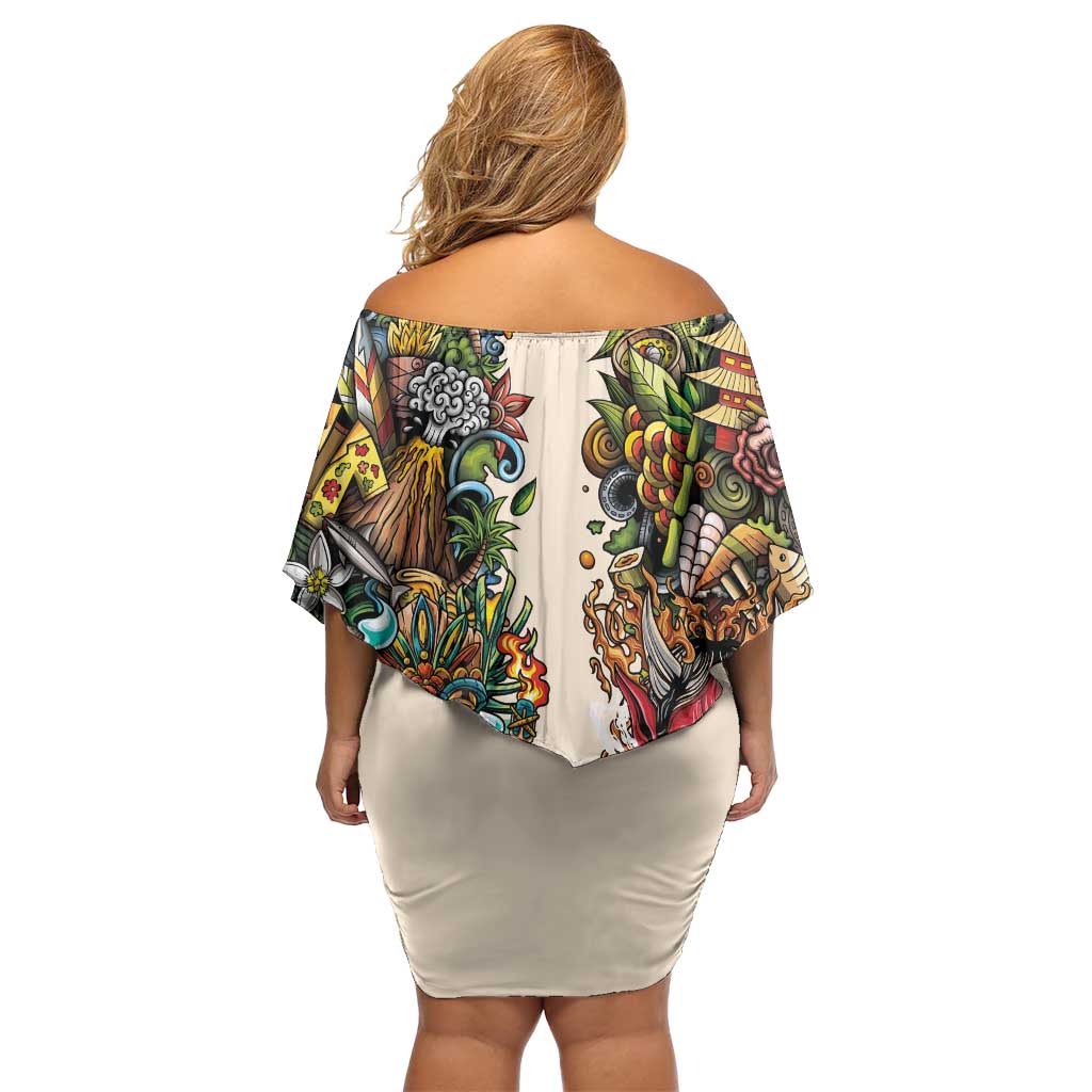 Hawaii And Japan Off Shoulder Short Dress Tiki With Oni Mask LT05 - Polynesian Pride