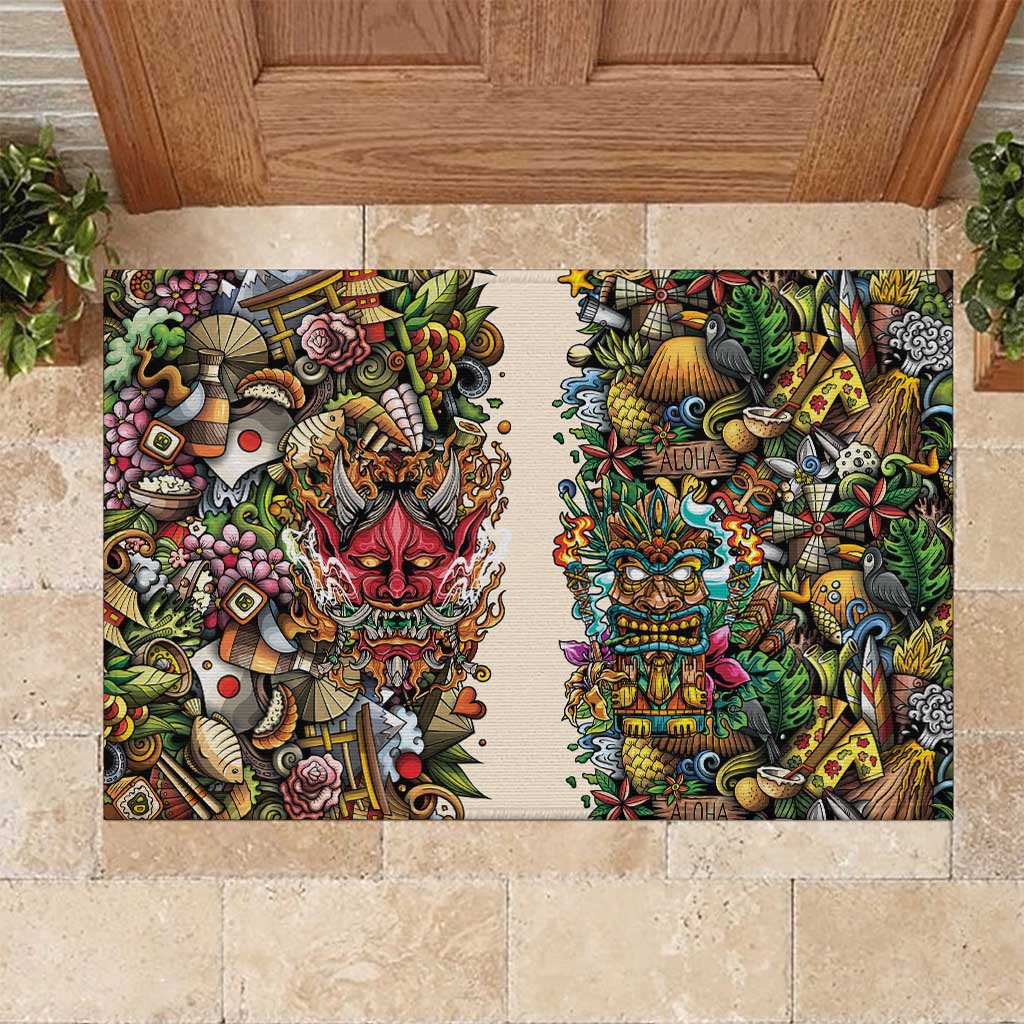 Hawaii And Japan Rubber Doormat Tiki With Oni Mask LT05 Colorful - Polynesian Pride