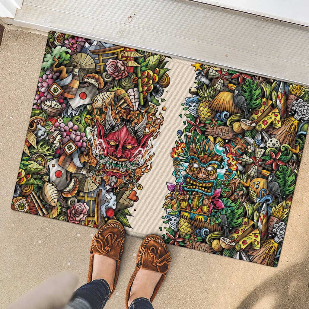 Hawaii And Japan Rubber Doormat Tiki With Oni Mask LT05 - Polynesian Pride