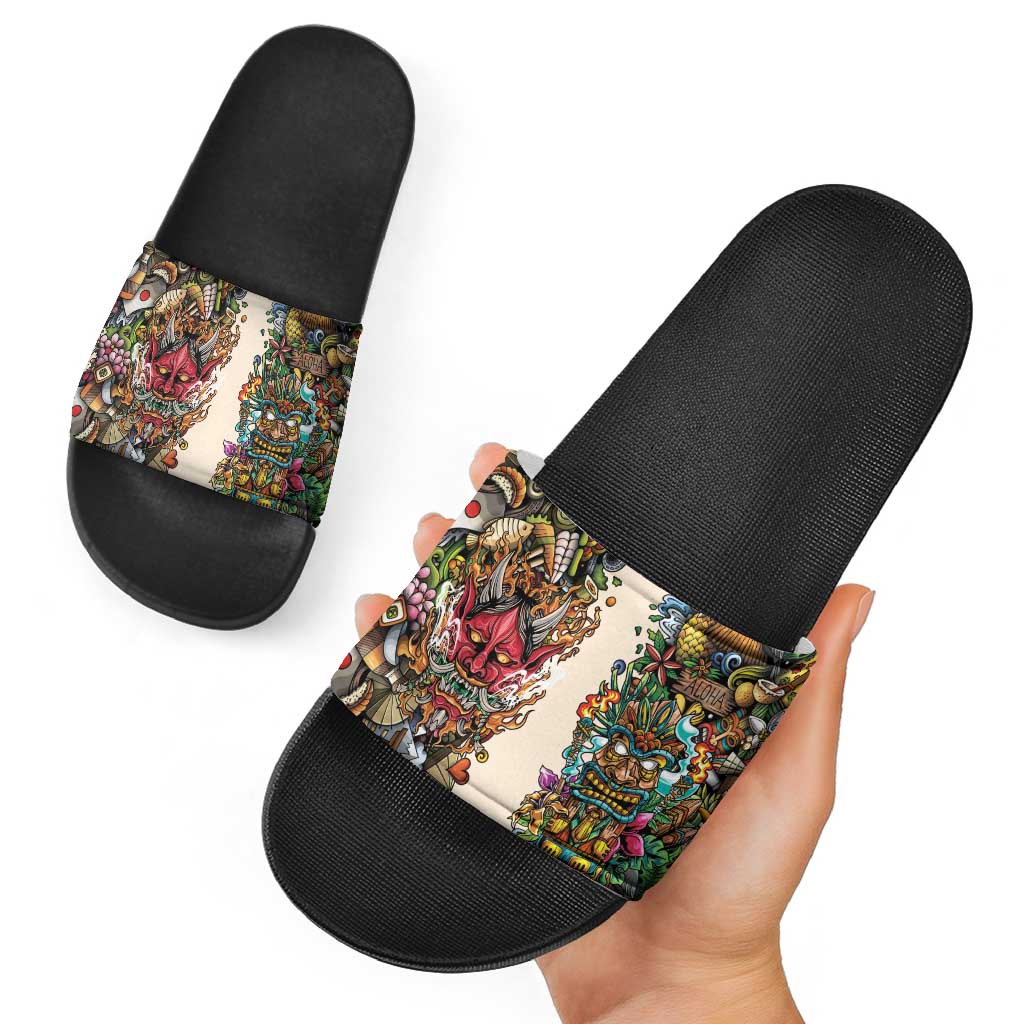 Hawaii And Japan Slide Sandals Tiki With Oni Mask LT05 - Polynesian Pride